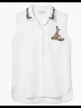 Anne Fontaine Vintage Giraffe Embroidered Ramie Cotton Sleeveless Blouse - Med